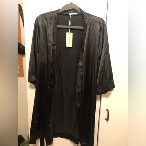 NWT Black Satin Robe with lace detail
